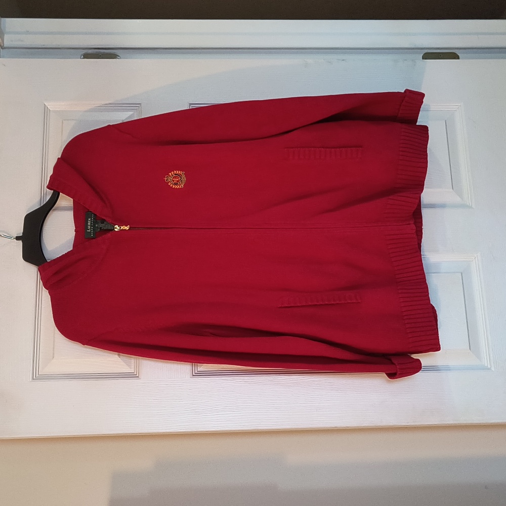Lauren by Ralph Lauren red cotton zip cardigan hooded sweater